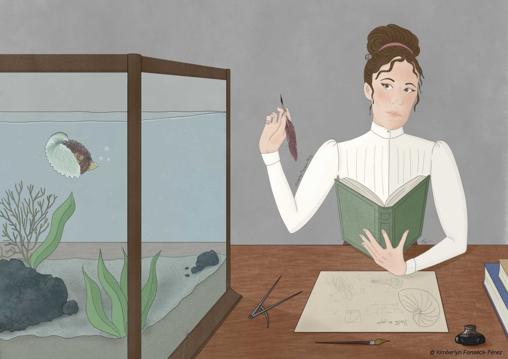 Ilustración que muestra a la naturalista francesa Jeanne Villepreux-Power trabajando en su oficina con sus apuntes y junto a un acuario con un nautilus de papel.